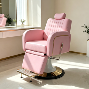 Fauteuil de lavage de luxe rose pour salon, avec cadre en acier inoxydable doré, dossier en cuir PU et bac en céramique blanc séparé - Product Image 2