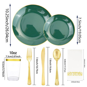 Ensemble de <span class=keywords><strong>vaisselle</strong></span> <span class=keywords><strong>jetable</strong></span> en plastique 70 pièces, assiettes, gobelets, couverts et serviettes avec bordure dorée pour mariage, fête d'anniversaire - Product Image 5