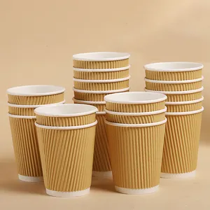 Tasses à café ondulation à double paroi en papier imprimé jetable de 4oz 8oz 12oz 16oz 20oz 24oz conception personnalisée