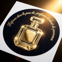 Rouleau d'étiquettes autocollantes pour parfum, personnalisées, en feuille d'or noir métallique, circulaires, luxueuses, élégantes, pour flacon de parfum, motif floral rose, ensemble de décalcomanies françaises