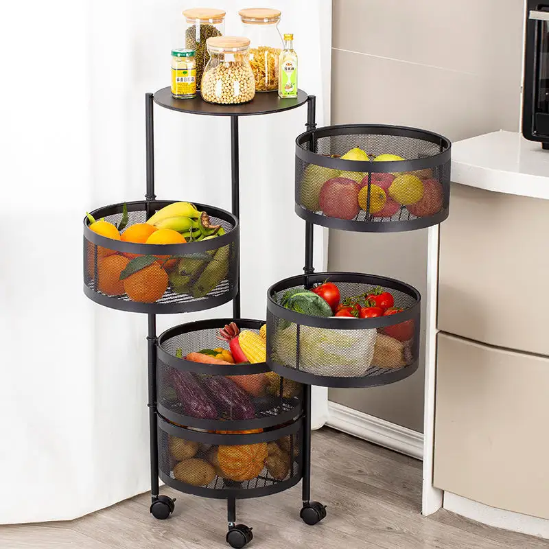 5 Tier Multi-Functional Floor Trolley 360 Degree Rotation Fruit Vegetable Kitchen Organization Storage Rack