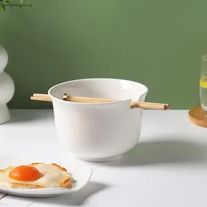 Custom Logo Home Restaurant Dinnerware Japanese Porcelain Rice Noodle Bowl White Ceramic Ramen Bowl with Chopsticks