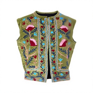 Olive Green Bohemian Floral 3D Embroidered Velvet Sleeveless <b>Short</b> <b>Jacket</b> with Open Front for Women-Autumn Outerwear - Product Image 3