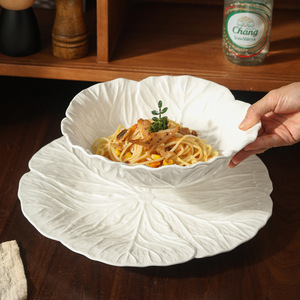 Ensemble d'assiettes en céramique à motif <span class=keywords><strong>de</strong></span> feuilles <span class=keywords><strong>de</strong></span> chou blanc, assiettes pour servir des pâtes, des salades, des plats principaux, des desserts à la maison ou au restaurant - Product Image 2