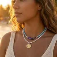 Kalung Liontin Bintang Laut dan Kerang RINHOO untuk Musim Panas, Kalung Choker Ikan Mutiara Manik-Manik Warna-Warni Gaya Boho untuk Wanita, Perhiasan Pesta Liburan
