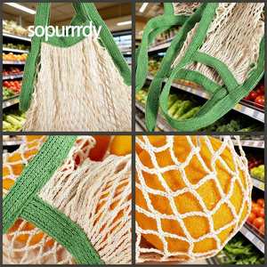 Sacs réutilisables en filet de coton de qualité supérieure avec logo personnalisé, poignées longues, pour courses, fruits et légumes - Product Image 6