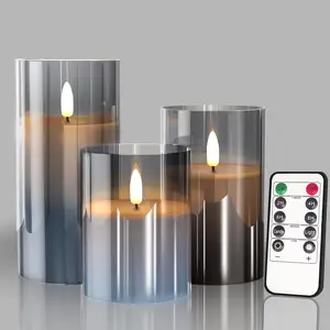 3d flame electronic Candles Battery Operated LED Pillar grey glass Candle light with Remote Control and Timer