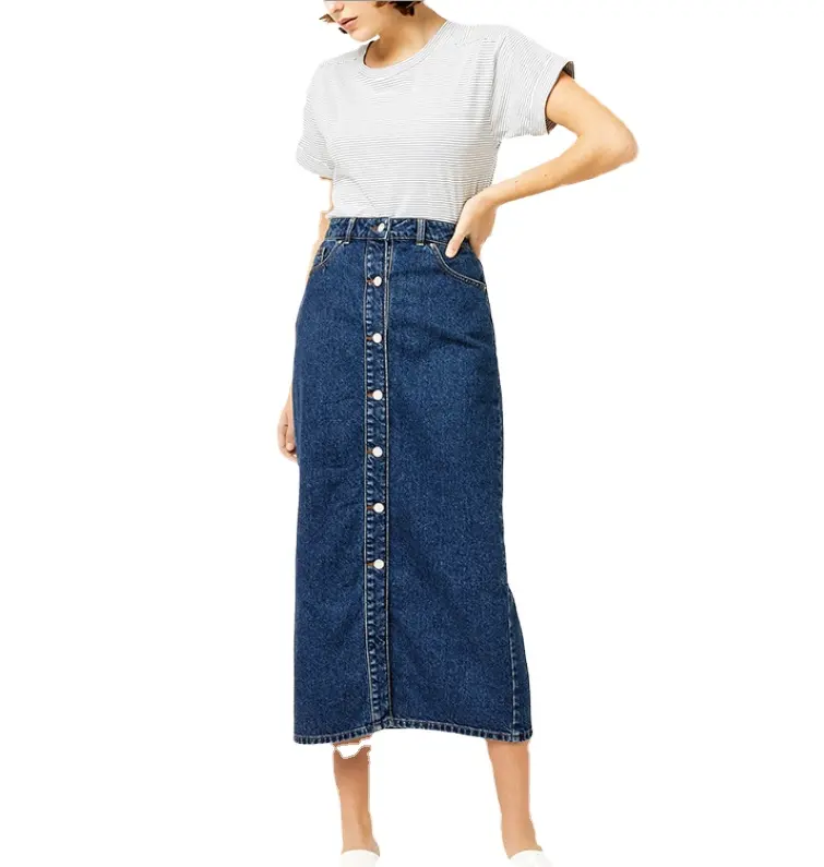 Manufacture custom design fashion casual wear ankle length buttons up denim skirt for women