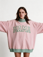 Sweat-shirt à col montant brodé patchwork pour femme, en molleton de coton, manches longues avec détail manches bouffantes, pull d'automne, vente en gros