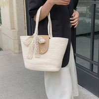 Sac fourre-tout en coton tressé à grande capacité, tendance, pour les vacances d'été, sac à main de plage avec nœud en dentelle, sac simple pour les trajets quotidiens