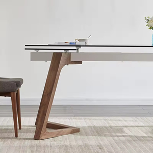 Ensemble <span class=keywords><strong>de</strong></span> <span class=keywords><strong>table</strong></span> à <span class=keywords><strong>manger</strong></span> extensible au design moderne contemporain, style mi-siècle, <span class=keywords><strong>en</strong></span> bois <span class=keywords><strong>de</strong></span> noyer brun, avec plateau <span class=keywords><strong>en</strong></span> <span class=keywords><strong>verre</strong></span> trempé extra clair - Product Image 5