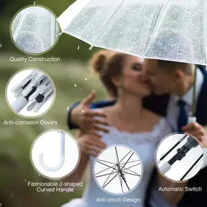 Commercio all'ingrosso logo personalizzato antivento Auto aperto a gancio a baldacchino bastone da sposa in cristallo trasparente ombrelli da pioggia