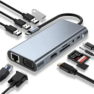 USB C-хаб 11 в 1, адаптер с 4K HDTV VGA Type C PD, USB 3,0 к RJ45 Ethernet, кардридер SD/TF, 3,5 мм AUX