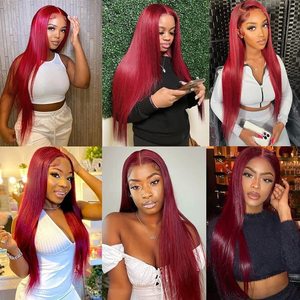 Peluca <span class=keywords><strong>de</strong></span> Cabello Virgen Brasileño Liso <span class=keywords><strong>de</strong></span> 24 Pulgadas, Color Rojo Vino, con Encaje Transparente HD 13*4, sin Pegamento, 99J - Product Image 5