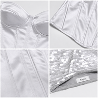 Anjie, fabricant de vêtements pour femmes, logo personnalisé, OEM, ODM, marque privée, sur mesure, OEKO TEX, BSCI, ensemble jupe courte en satin avec paillettes dorées