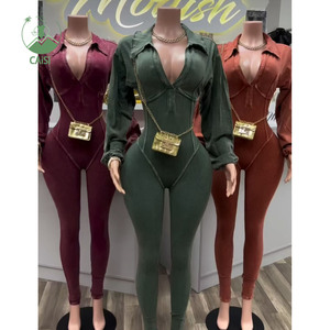 Jumpsuit Wanita Grosir Musim Semi Gugur, Pakaian Acid Wash, Deep V Ketat, Lengan Panjang, Ribbed, Satu Potong - Product Image 1