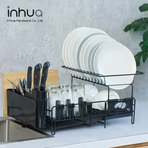 1pc Dish Drying Rack And Drainboard Set, Kitchen Counter Dish Drainer With  Removable Large Capacity 2-Tier, Double Bowl Holder, Adhesive Plate Rack,  Cutlery Rack, Kitchen Accessory, Black