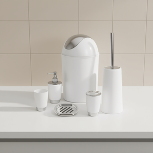 Juego de accesorios de baño modernos en blanco, 6 piezas: dispensador de jabón, soporte para cepillos de dientes, bote de basura con cepillo y jabonera - Product Image 2