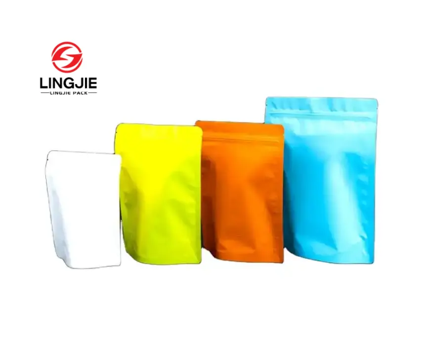 Lingjie em estoque colorido aluminizado Ziplock Stand Up Bolsa saco fosco para embalagem de alimentos para lanche nozes frutas secas alimentos para animais de estimação