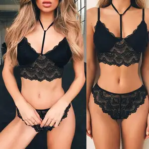 X2229 toptan halter siyah dantel sutyen ve külot set seksi iç çamaşırı setleri erotik kadın külot bandaj kadın iç çamaşırı