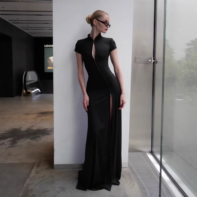 Women's Elegant Dress Evening Dresses Black Dress Mockneck Single Breasted High Front Split for Wedding Guest Dresses