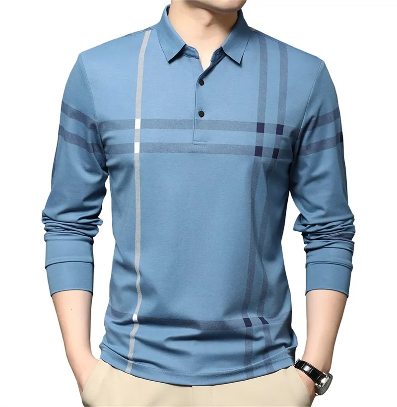 Custom Mens Button closure Casual Striped Long Sleeve Collared T Shirt Polo Shirts
