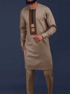 2026 African Ethnic Dashiki Men's Casual 2-Piece Long-Sleeved Solid Color <strong>Patchwork</strong> <strong>Shirt</strong> and Pants Suit - Product Image 6