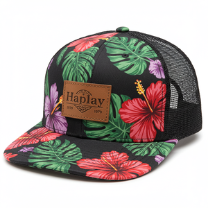 Wholesale 6 Panel Floral Pattern Trucker Cap Custom Leather Patch <strong>Hat</strong> Mesh Snapback <strong>Personalised</strong> Print Trucker <strong>Hat</strong> - Product Image 1
