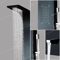 Panneau de douche de salle de bain en acier inoxydable noir avec système de pluie et de massage doux-Colonne de sol de robinet avec jets et tasse