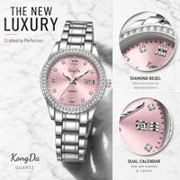 Montre de luxe pour femme à quartz, cadran bleu soleil, lunette cannelée en cristal, boîtier en alliage d'or bicolore, bracelet métallique, date, couleur personnalisable ODM
