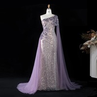 Lsz537 Superbe Robe de Soirée Sirène Lilas à Épaule Unique avec Paillettes Florales 3D et Traîne en Chiffon Jancember