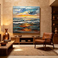 Superbe Peinture à l'Huile Impasto Coucher de Soleil sur l'Océan Peinte à la Main, Art Mural Texturé 3D Paysage Marin sur Toile pour Décoration de Salon et Villa