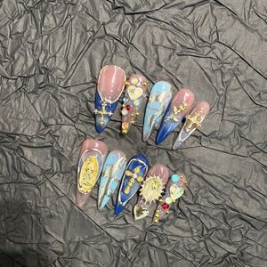 <span class=keywords><strong>Uñas</strong></span> <span class=keywords><strong>Postizas</strong></span> Acrílicas Hechas a Mano, Estilo Francés, con Diseño de Flores Talladas, 10 Piezas, Cobertura Completa, Pre-Adhesivas - Product Image 2