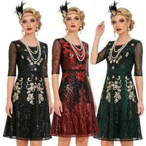 1920s Vintage <b>Sequined</b> Mesh Dress Women Plus Size A-Line Scoop Neck Black Gold Club Dress - Product Image 5