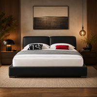 Lit moderne écologique en cuir noir rembourré avec tête de lit capitonnée et design plateforme