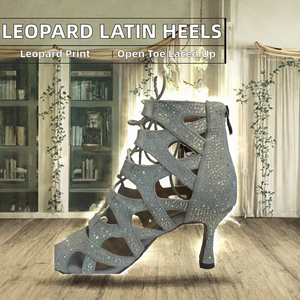 Bottes de danse latine LOGO Leopard à bout ouvert, talon aiguille 8,5/9,5 cm, chaussures de salsa, de danse de salon et de jazz pour entraînement professionnel femme - Product Image 2