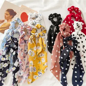 Stretchy Hair Scrunchies with Long Ribbon Bow Floral Polka Dot Solid Hair Ties Elastics for Women Girls