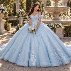 Lsdz023-Pz Impresionante Vestido de Fiesta Azul Glaciar con Cintura Natural, Ramas Florales, Estrellas Brillantes y Apliques Vintage - Product Image 4