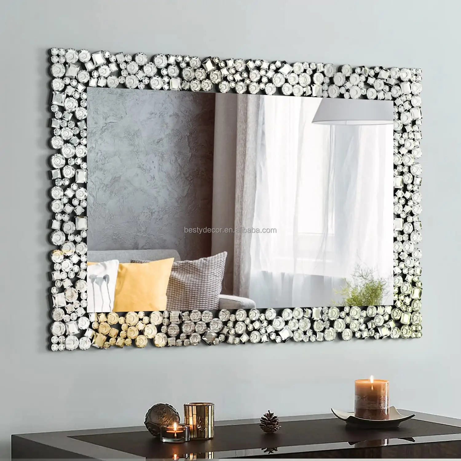 Rectangular Wall Mirror 27.5*39.3 Inches Large Decorative Wall Mirrors Mosaic Frame Design Crystal Accent Decor Mirrors