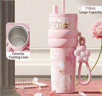 Vaso Térmico de Acero Inoxidable 316 con Diseño Floral, Ecológico, de Gran Capacidad (710 ml), Aislado por 12 Horas, con Pajita, para Mujer