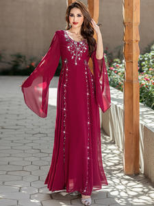 Vestido de Verano con Cuentas Hechas a Mano para Mujer, Estilo Socialité, Color Vino Tinto, Túnica Árabe, Medio Oriente, Dubái - Product Image 4