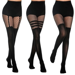 Collants transparents noirs jacquard taille haute fins pour femmes, bas résille sexy sans couture à bretelles - Product Image 1