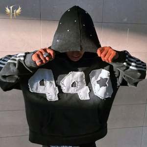 Spray Wash Hoodie Boxy Baggy French Terry 480GSM Cotton <b>Applique</b> Embroidery Double Layer Hood No String Rhinestone Hoodie - Product Image 5