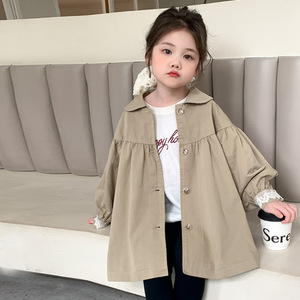 Cappotto Trench in Misto Cotone Tinto in Capo di Media Lunghezza per l'Autunno, Nuovo Stile 2026, Moda Coreana Trendy per Bambine - Product Image 3