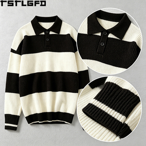 Pull Polo Rayé Tricoté Coupe Ample Style Rugby Lourd Rétro Streetwear Vente en Gros - Product Image 5