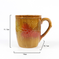 Mug Keramik Stoneware Mewah Ramah Lingkungan 12oz Hijau dengan Dekal Daun Bunga, Cetak Sublimasi Gaya Eropa Nordik, Dapat Dikustomisasi untuk Kopi