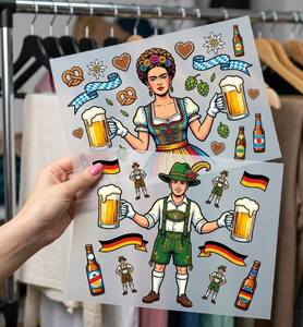 Autocollant thermocollant personnalisé en polyester lavable pour transfert à chaud, prêt à presser, thème Festival de la Bière Bavarois, pour vêtements Dirndl et Lederhosen - Product Image 1