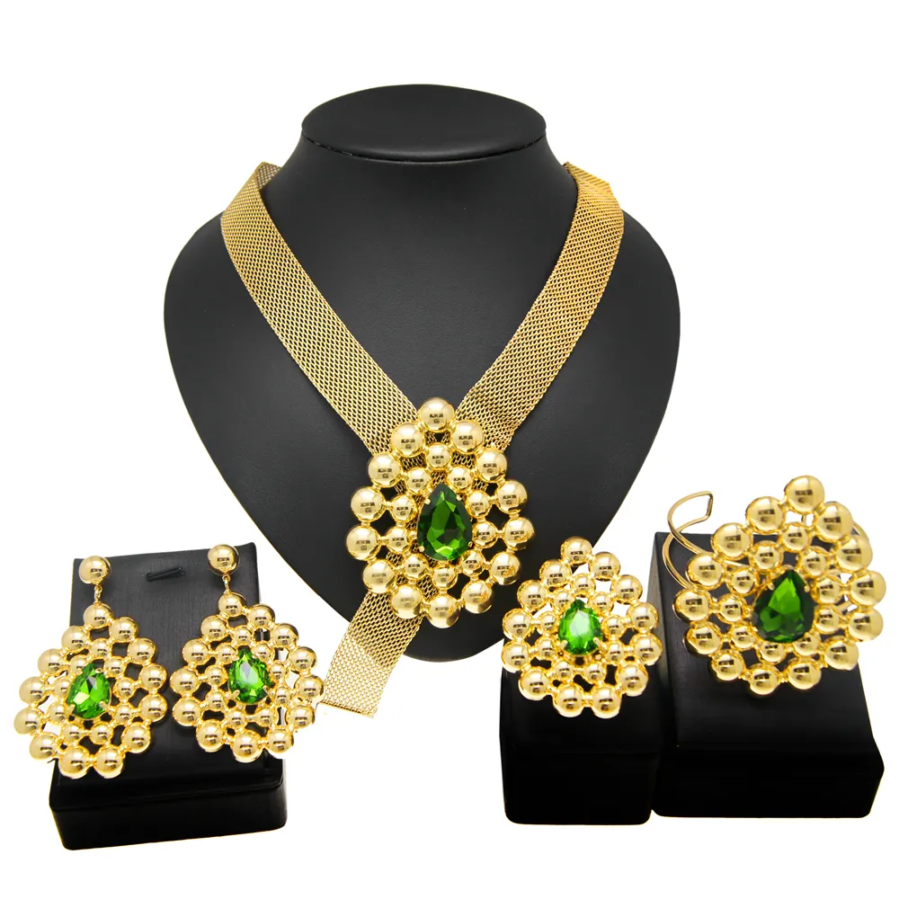 Zhuerrui Brazilian Gold Design Green Red Jewelry Set High Quality Bridal Wholesale Handmade Wide Necklace Jewelry Sets H20012