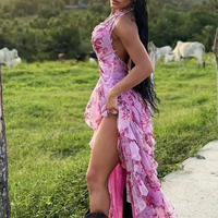Robe de soirée élégante à col en V sexy, volants, tissée, lavable, taille haute, dos nu, fente latérale, imprimé floral, pour l'automne, la plage et les vacances