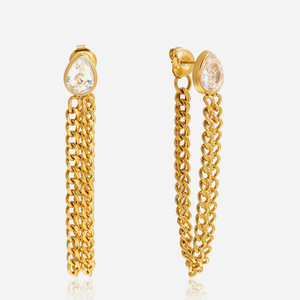 <b>Chain</b> Tassel Drop Earrings Gold Plated Zircon Bezel Setting Everyday Wear Stainless Steel Jewelry - Product Image 1